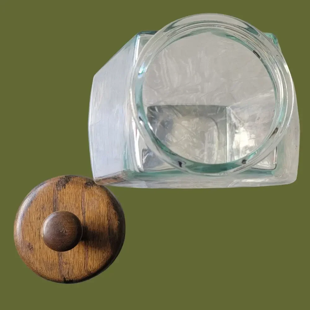 Vintage 1970s Libbey of Canada Hexagon Glass Storage Jar with Wood Lid